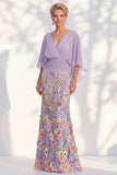 Mermaid Lilac Floral Applique V-Neck Long Mother of the Bride Dress