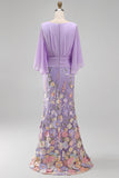 Mermaid Lilac Floral Applique V-Neck Long Mother of the Bride Dress