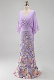 Mermaid Lilac Floral Applique V-Neck Long Mother of the Bride Dress