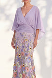 Mermaid Lilac Floral Applique V-Neck Long Mother of the Bride Dress