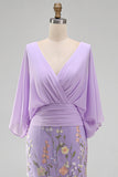 Mermaid Lilac Floral Applique V-Neck Long Mother of the Bride Dress