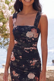 Black Square Neck Ruched Floral Wedding Guest Dress