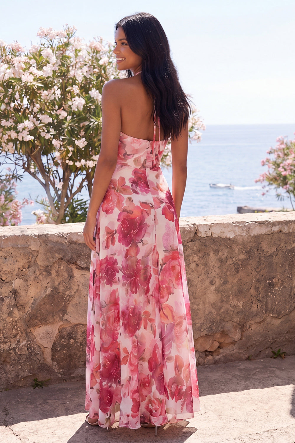 Wedtrend Women Pink Wedding Guest Dress with Slit A Line Floral Halter Long  Party Dress – WEDTREND