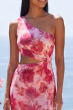 Pink One Shoulder Cut Out Floral Wedding Guest Dress with Slit