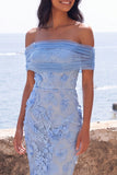 Off the Shoulder Applique Mermaid Blue Wedding Guest Dress
