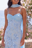 Blue Floral Lace Spaghetti Straps Wedding Guest Dress with Scarf