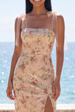 Champagne Sequin Floral Sheath Wedding Guest Dress with Slit