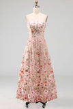 Strapless Pink A Line Floral Wedding Guest Dress