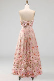 Strapless Pink A Line Floral Wedding Guest Dress