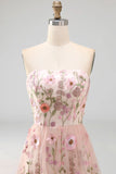 Strapless Pink A Line Floral Wedding Guest Dress