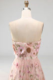 Strapless Pink A Line Floral Wedding Guest Dress