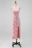 Sequin Pink Square Neck 3D Flower Midi Wedding Guest Dress with Slit