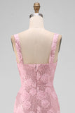 Sequin Pink Square Neck 3D Flower Midi Wedding Guest Dress with Slit
