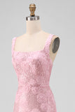 Sequin Pink Square Neck 3D Flower Midi Wedding Guest Dress with Slit