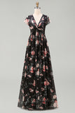 Black V-Neck Floral Wedding Guest Dress with Twist Front