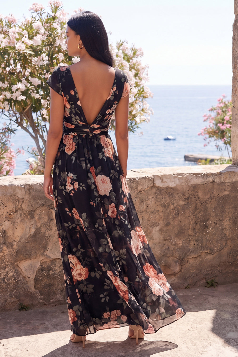 black floral wedding guest dress Wedtrend Women Black Wedding Guest Dress with Twist Front A Line V-Neck  Floral Party Dress with Cap Sleeves – WEDTREND