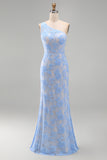 One Shoulder Blue Mermaid Floral Wedding Guest Dress