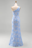 One Shoulder Blue Mermaid Floral Wedding Guest Dress