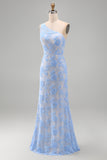 One Shoulder Blue Mermaid Floral Wedding Guest Dress