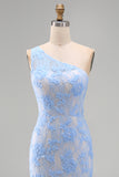 One Shoulder Blue Mermaid Floral Wedding Guest Dress