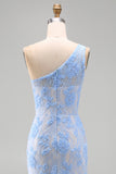 One Shoulder Blue Mermaid Floral Wedding Guest Dress