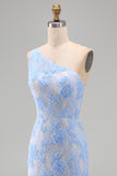One Shoulder Blue Mermaid Floral Wedding Guest Dress