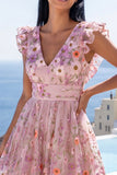 Pink Floral Applique A Line V-Neck Midi Wedding Guest Dress