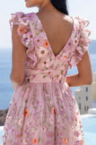 Pink Floral Applique A Line V-Neck Midi Wedding Guest Dress