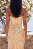 Yellow Strapless Floral Sheath Wedding Guest Dress