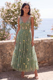 Dusty Sage Corset Embroidered A Line Wedding Guest Dress