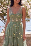 Dusty Sage Corset Embroidered A Line Wedding Guest Dress