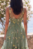 Dusty Sage Corset Embroidered A Line Wedding Guest Dress