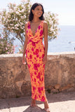 Orange Pleated V-Neck Floral Wedding Guest Dress