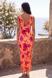Orange Pleated V-Neck Floral Wedding Guest Dress
