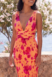 Orange Pleated V-Neck Floral Wedding Guest Dress
