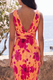 Orange Pleated V-Neck Floral Wedding Guest Dress