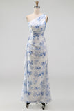 Blue Floral Ruched One Shoulder Wedding Guest Dress with Side Streamer