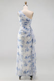 Blue Floral Ruched One Shoulder Wedding Guest Dress with Side Streamer