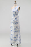 Blue Floral Ruched One Shoulder Wedding Guest Dress with Side Streamer
