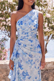 Blue Floral Ruched One Shoulder Wedding Guest Dress with Side Streamer