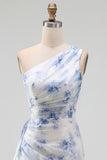 Blue Floral Ruched One Shoulder Wedding Guest Dress with Side Streamer