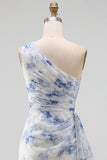 Blue Floral Ruched One Shoulder Wedding Guest Dress with Side Streamer