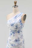 Blue Floral Ruched One Shoulder Wedding Guest Dress with Side Streamer