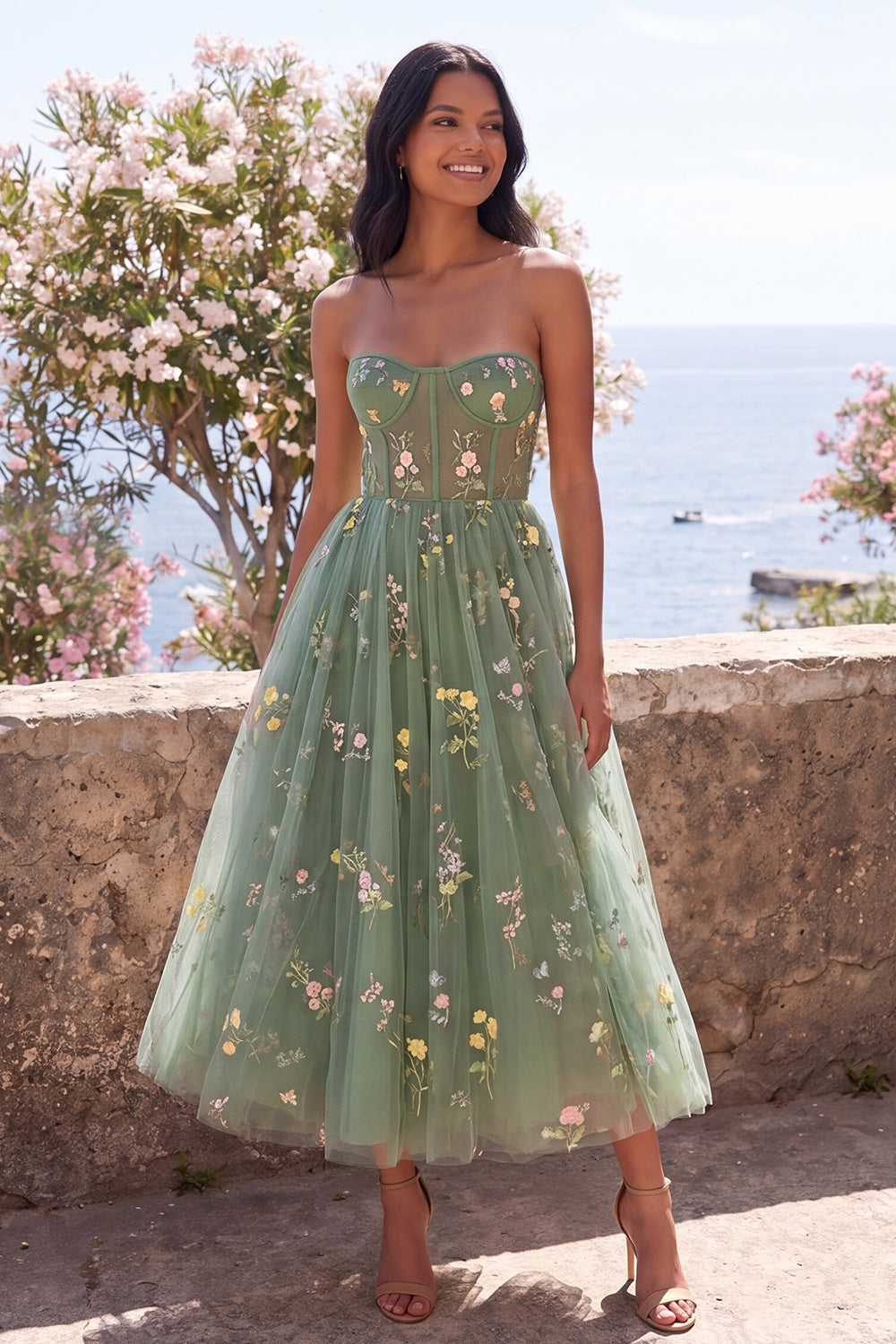 sweetheart floral midi dress Wedtrend Women Dusty Sage Floral Embroidered Midi Dress Sweetheart Corset A Line Wedding Guest Dress, Dusty Sage / US14