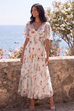 Floral Embroidered Ivory V-Neck A Line Midi Dress with Flutter Sleeves