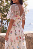 Floral Embroidered Ivory V-Neck A Line Midi Dress with Flutter Sleeves