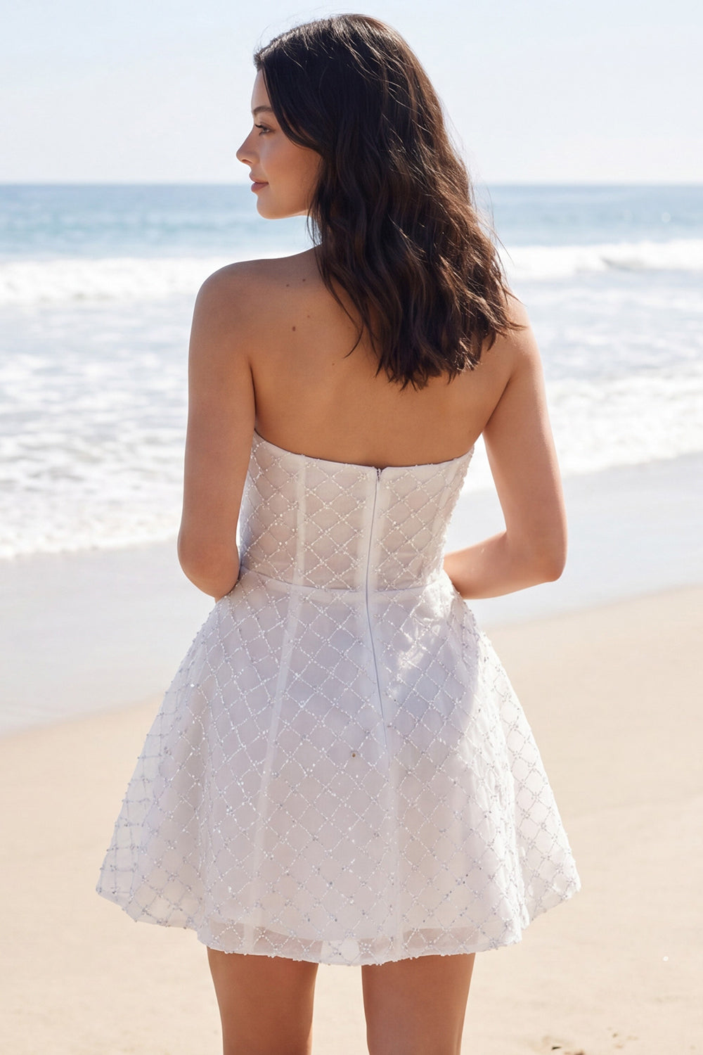 white beaded graduation dress High-Low White Graduation Dress with Lace Ruffle White / 2
