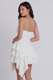 White Tiered A Line Ruffled Strapless Graduation Dress