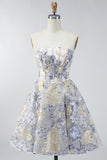 Dusty Blue Jacquard A Line Strapless Corset Short Homecoming Dress
