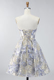 Dusty Blue Jacquard A Line Strapless Corset Short Homecoming Dress
